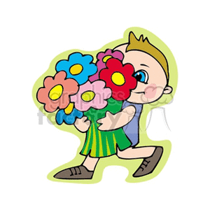 Little boy carrying huge bouquet of flowers