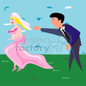 The clipart image depicts a bride and groom. The bride is dressed in a pink wedding gown with a veil and is depicted running to the left, with a playful expression on her face, possibly suggesting the playful tradition of the groom chasing the bride. The groom is wearing a dark suit with a bow tie and is leaning forward with an outstretched arm, as if reaching for the bride. The background is a simple representation of a grassy field with a blue sky and a few clouds, conveying an outdoor wedding scene.