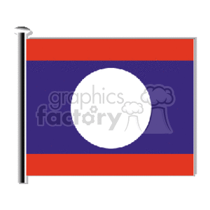 The clipart image shows the national flag of Laos. The flag features three horizontal stripes with red on the top and bottom and blue in the center, which is twice the height of the red stripes. In the middle of the blue stripe, there is a white circle.