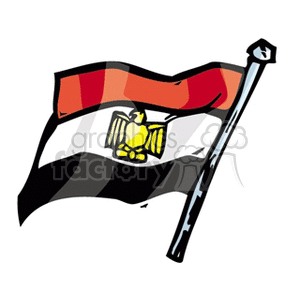 The image is a stylized clipart of the Egyptian flag. It features the flag's three horizontal stripes in red, white, and black, with the Egyptian eagle of Saladin in the center, depicted in its typical gold color. The flag is attached to a flagpole, which appears to have a decorative finial at the top.