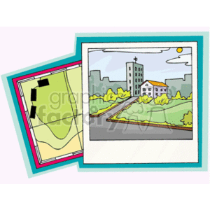 The image shows two stylized drawings, one of which is a map and the other is a scene depicting buildings along a curving road. The map appears to have markings or pins on it. The scene with buildings illustrates a more suburban or possibly semi-urban environment with a prominent building that could be an office or apartment building, a smaller house, trees, bushes, a road, and a blue sky with a sun.