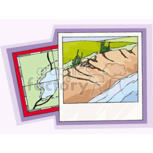 The clipart image shows two overlaid and offset frames. The front frame displays an illustration of a landscape with what appears to be a river causing erosion in the soil, where water flow is depicted by white lines, denoting rapid movement. Plants or grass clumps are visible at the top edge, suggesting the bank of the water body. The back frame seems to contain a part of a map with contour lines, possibly representing the topography of the landscape similar to what is shown in the foreground.