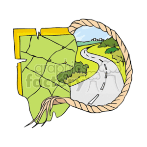The clipart image depicts a stylized representation of a map with a segment of a winding road running through a landscape. The map appears as a backdrop with grid-lines, marking territories or regions. The road curves through a scenic environment featuring green areas that indicate vegetation or trees, and there's an impression of a distant city or buildings on the horizon. The whole image is encircled by a rope-like border, possibly implying travel or exploration.