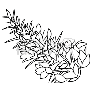 The clipart image depicts a stylized arrangement of plants and flowers consisting of leaves and flower blossoms. The image is monochromatic, using only black outlines to define the shapes of the foliage and blooms. It's a simplified representation commonly used for decorations, designs, or illustrating concepts related to nature, flora, and botanical elements.