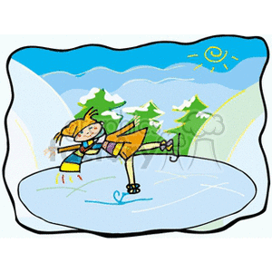 A little girl ice skating on a pond in the mountains clipart. Commercial use image # 152791