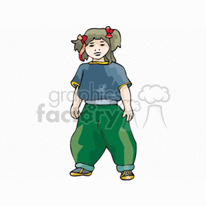 Little girl dressed in sweats with red ribbons in her hair