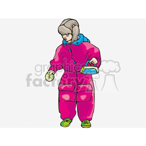 A little girl in a pink snow suit carrying a purse
