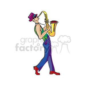 Man playing the saxophone walking down the street clipart.