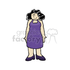 The image is a simple cartoon or clipart of a smiling woman. She has dark hair, is wearing a sleeveless purple dress, and purple shoes. The style is simple and lacks detailed features, making it suitable for various generic uses.