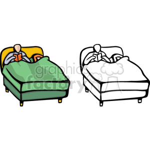 clipart - A Couple in Bed Him Sitting up and Reading and Her Sleeping.