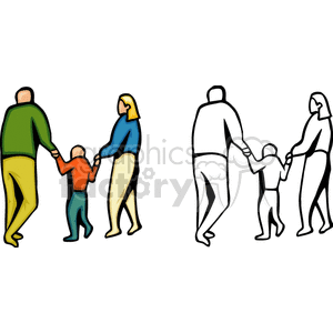 clipart - A Mom Dad and Child all Holding Hands Walking.