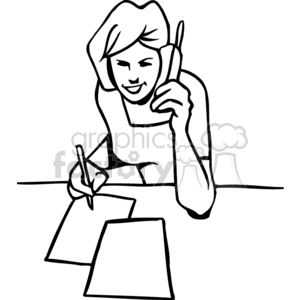 A Black and White Image of a Woman Smiling and Talking on the Phone While taking Notes clipart. Royalty-free image # 155776