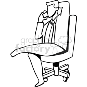 clipart - A Black and White Image of a Man in a Suit Sitting on an Office Chair Talking on the phone.