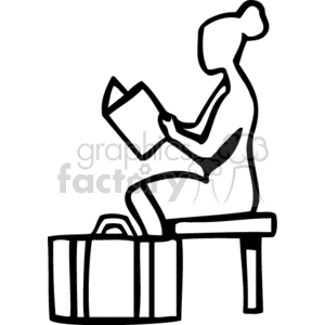 clipart - A Black and White Image of a Woman Sitting on a Bench Reading Her Suit Case at her Feet.