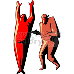 An Image of a Person with their Hands in the Air With another Person Holding a Gun to their Back clipart. Commercial use image # 155796