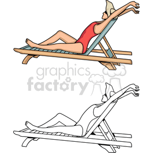 A Woman Sitting on a Teak Lounge Chair Streaching clipart. Royalty-free image # 155816