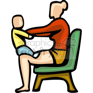 Mother Sitting on a Green Bench Holding her Child clipart.