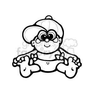 Black and White Little Baby Boy Sitting with a Diaper and A Ball Cap clipart. Commercial use image # 156550