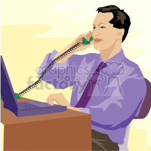 A Man on a Phone Sitting at a Desk While Typing on a Lap Top clipart. Royalty-free image # 156578