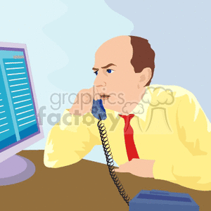 A Man Looks Mad on the Phone While Looking at a Computer Screen clipart. Commercial use image # 156580