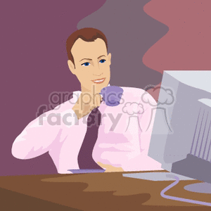 clipart - A Man Sitting at a Computer Desk Drinking a Sip of Tea.