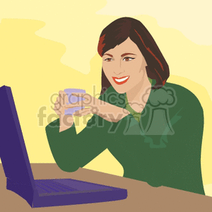 A Woman Sitting at a Desk Looking at her Lap top smiling and Drinking Her Coffee clipart. Commercial use icon # 156584