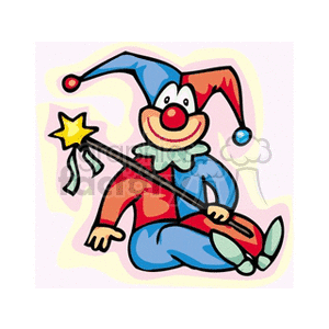 A Happy Court Jestor Sitting Holding a Wand with a Star clipart. Commercial use image # 156696