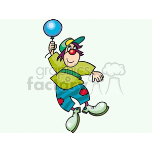 A Silly Clown with a Big Pair of White Shoes Holding a Single Blue Balloon Floating in the Air clipart.