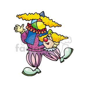 A Silly Clown with a Little Blue Hat Big Yellow Hair Playing a Tick with His Head and a Colorful ball clipart.