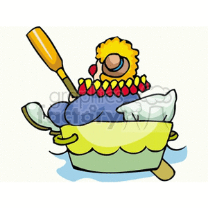 A Clown Sitting in a Large Saucer Holding a Paddle in some Water