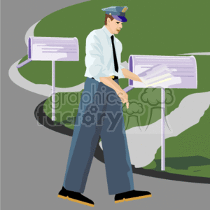 A Mailman Walking to the Mailboxes clipart. Royalty-free image # 156913