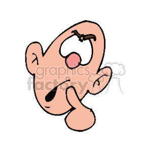 The image is a cartoon-style drawing of a boy's face. The face is depicted in a whimsical, abstract manner with exaggerated features such as a large ear, an oversized nose, a simple curvy line for the mouth, and 2 eyes that are close together, with a raised eyebrow. It has a light skin tone with minimal color accents.