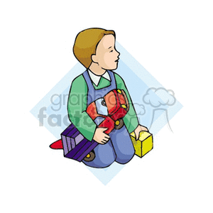 Little boy holding a truck and a block clipart. Commercial use image # 158694