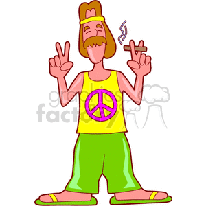 clipart - hippy with a cigarette and holding up a peace sign.