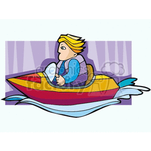 Cartoon man steering a boat in the water