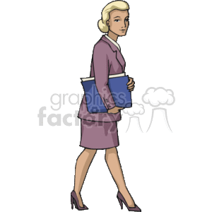This clipart image features a professional woman walking and holding what appears to be a folder or binder. She is dressed in a business-like manner, with a skirt suit and high heels, which suggests she could be a teacher or someone working in an office or educational setting. She displays a sense of purpose and readiness that is often associated with educators or professionals.