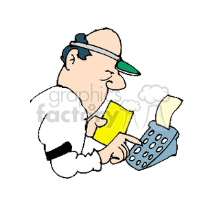 BOOKKEEPER01 Clip Art People Occupations bookie calculator receipt buttons hat calculating cartoon funny comical
