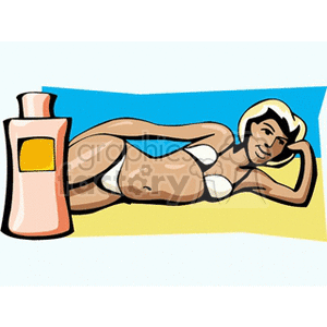 clipart - Suntan lotion with lady laying on the beach.