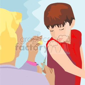 clipart - A little boy in a red shirt getting a shot at the doctors office.