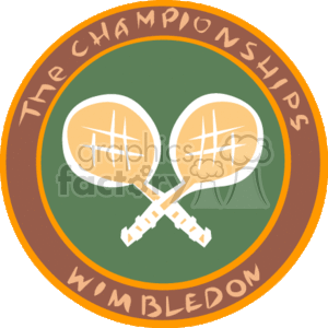 The image is a stylized clipart featuring two tennis rackets crossed over each other. They appear in the center of a circular badge with text surrounding them. The text suggests the theme is related to a tennis championship, specifically mentioning Wimbledon.
