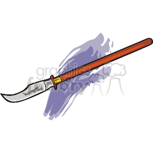 The clipart image depicts a sword with a curved blade and a brown handle with a gold or yellow-colored handguard, set against a stylized grey and purple background that may suggest motion or a swipe effect.