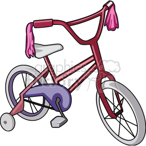 The clipart image shows a cartoon-style children's bike in red with stabilizers. It has tassels at the end of the handlebars, and a chain protector. The wheels and seat are white
