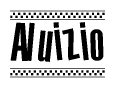 The image is a black and white clipart of the text Aluizio in a bold, italicized font. The text is bordered by a dotted line on the top and bottom, and there are checkered flags positioned at both ends of the text, usually associated with racing or finishing lines.