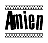 The image contains the text Amien in a bold, stylized font, with a checkered flag pattern bordering the top and bottom of the text.