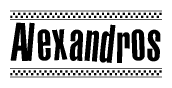 The image contains the text Alexandros in a bold, stylized font, with a checkered flag pattern bordering the top and bottom of the text.