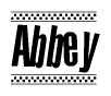 The image is a black and white clipart of the text Abbey in a bold, italicized font. The text is bordered by a dotted line on the top and bottom, and there are checkered flags positioned at both ends of the text, usually associated with racing or finishing lines.