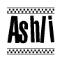 The image contains the text Ashli in a bold, stylized font, with a checkered flag pattern bordering the top and bottom of the text.