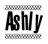 The image contains the text Ashly in a bold, stylized font, with a checkered flag pattern bordering the top and bottom of the text.