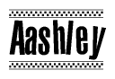 The clipart image displays the text Aashley in a bold, stylized font. It is enclosed in a rectangular border with a checkerboard pattern running below and above the text, similar to a finish line in racing. 