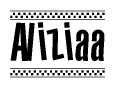 The image is a black and white clipart of the text Aliziaa in a bold, italicized font. The text is bordered by a dotted line on the top and bottom, and there are checkered flags positioned at both ends of the text, usually associated with racing or finishing lines.